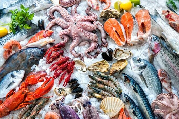 Assortéiert Meeresfrüchte an der Diät vun engem Mann fir d'Produktioun vun Testosteron